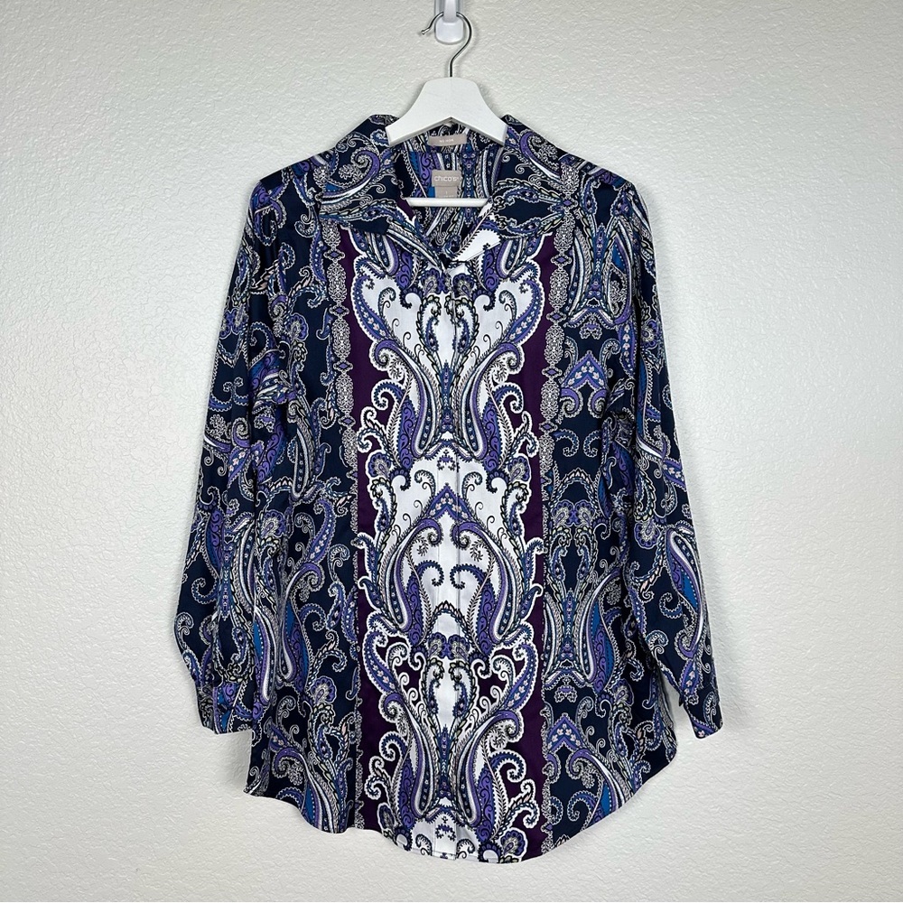 Chico’s No Iron Paisley Floral Long Sleeve Button Down Shirt Blouse Cotton Sz 1